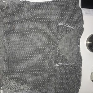 Gray v-neck short sleeve shirt with lace cutout